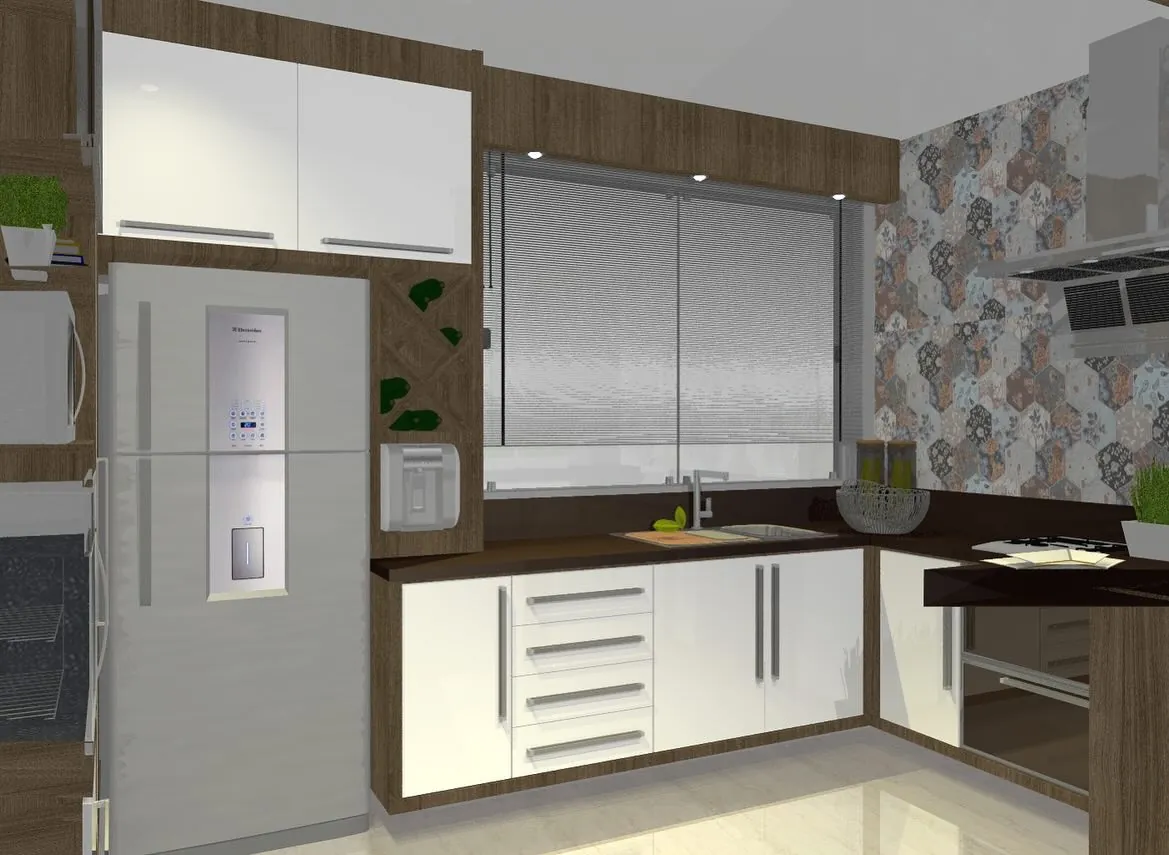 Projeto 3D de cozinha em L com armários brancos