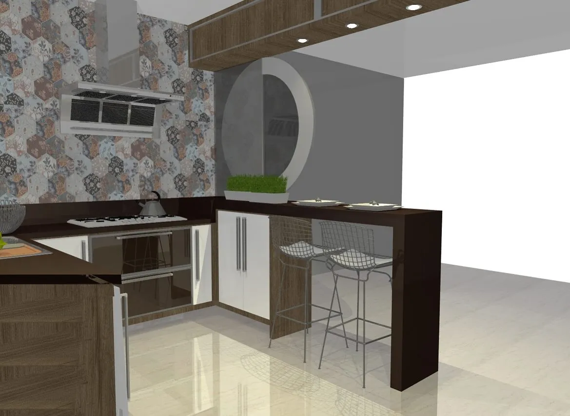 Projeto 3D de cozinha com balcão e banquetas